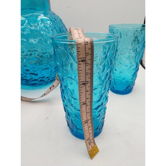 Vintage Anchor Hocking Textured Blue Glass Pitcher (8" Tall) & 5 Matching Glasse - Picture 5 of 5